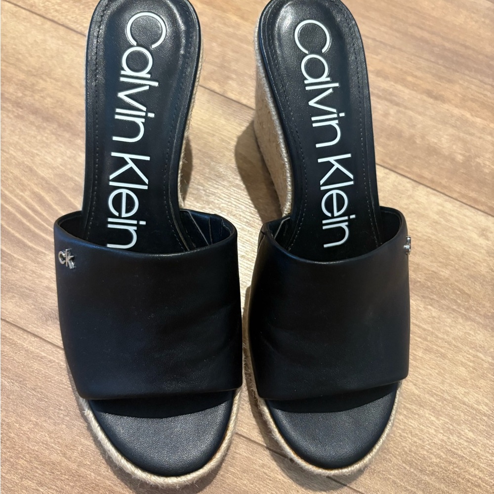 Calvin Klein Bandera Espadrille Slip On Open Toe Wedge Sandals Black Size 8.5 - Picture 2 of 3
